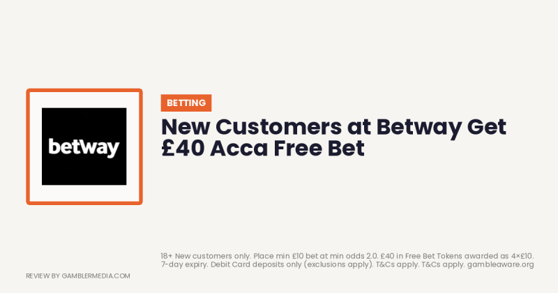 Betway Bookmaker welcome offer: New Customers at Betway Get £40 Acca Free Bet. Reviewed by Gambler Media.