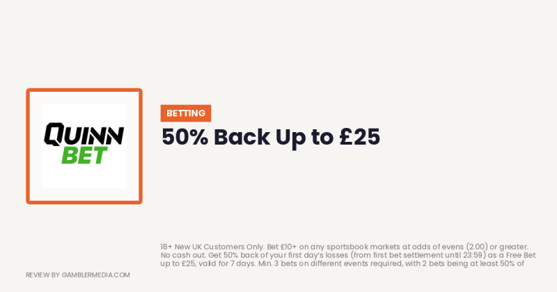 QuinnBet welcome offer: 50% Back Up to £25. Reviewed by Gambler Media.