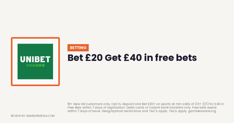 Unibet welcome offer: Bet £20 Get £40 in free bets. Reviewed by Gambler Media.